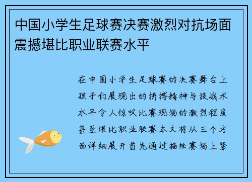 中国小学生足球赛决赛激烈对抗场面震撼堪比职业联赛水平